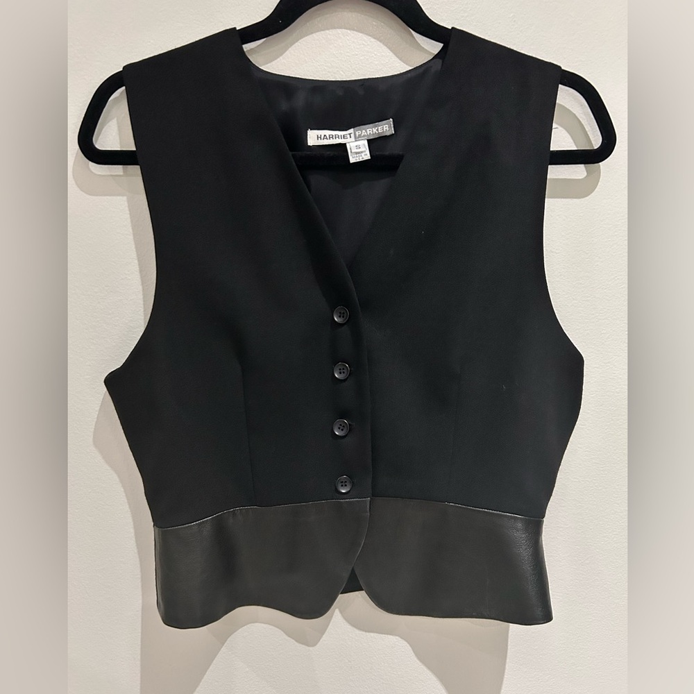 100% Wool Black Vest with Subtle Real Leather Trim-Size S